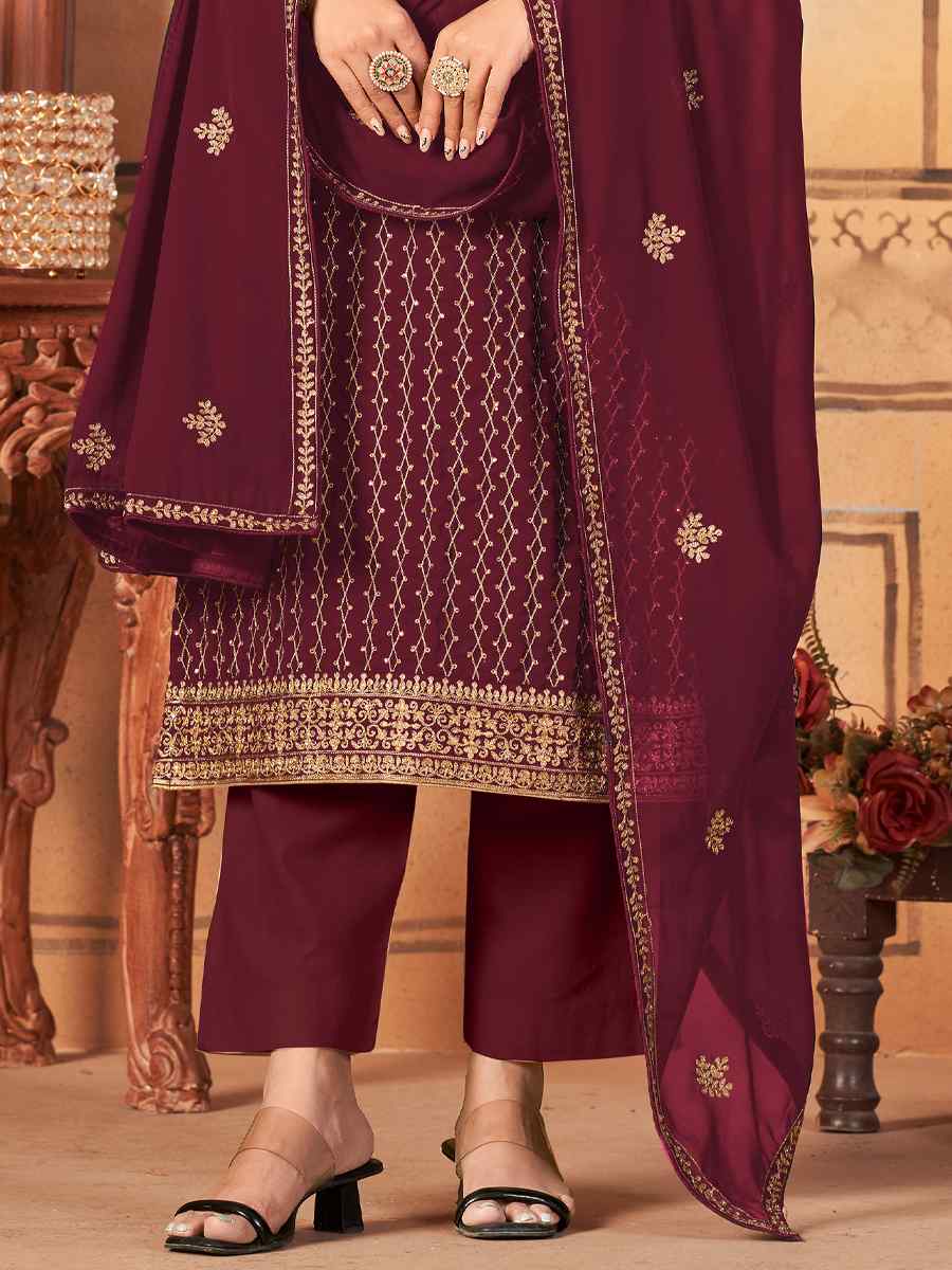 Brown Faux Georgette Embroidered Festival Party Pant Salwar Kameez