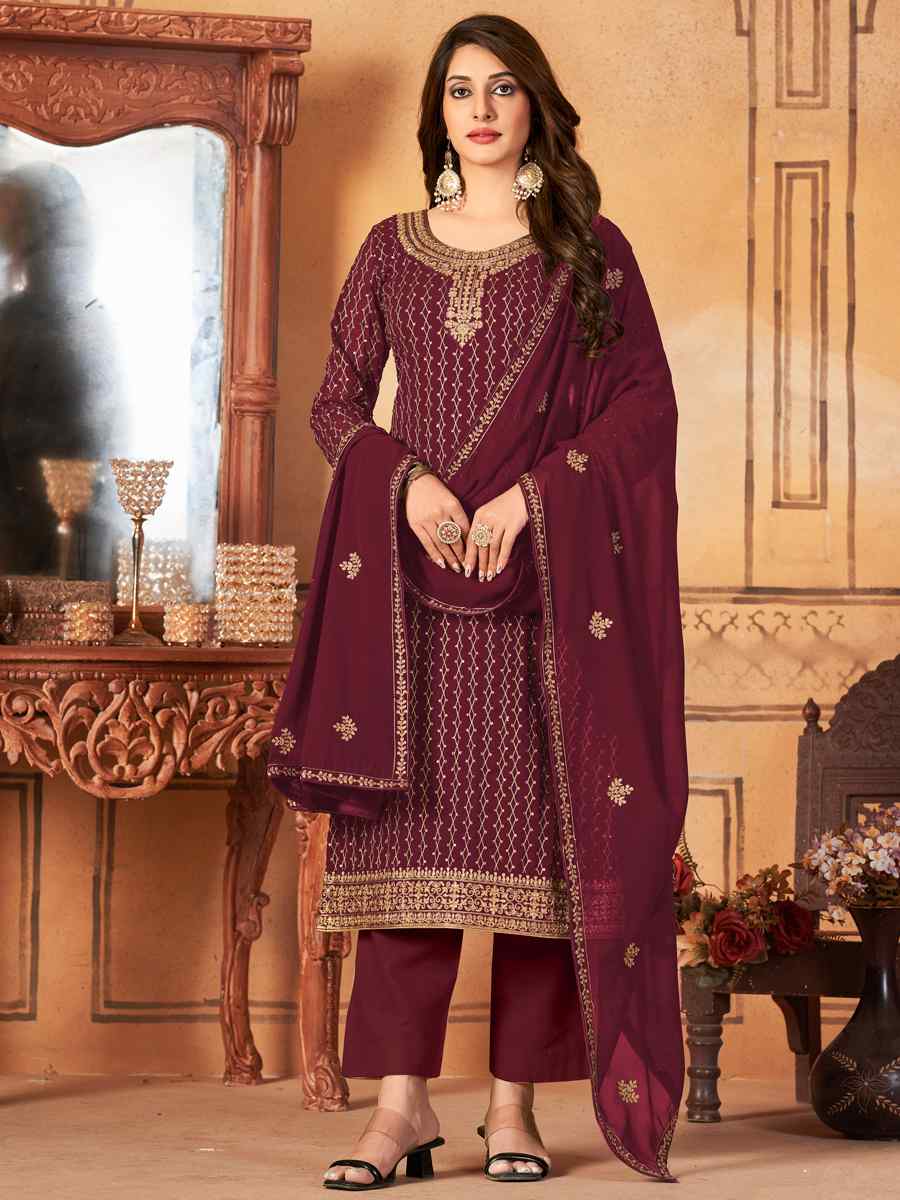 Brown Faux Georgette Embroidered Festival Party Pant Salwar Kameez