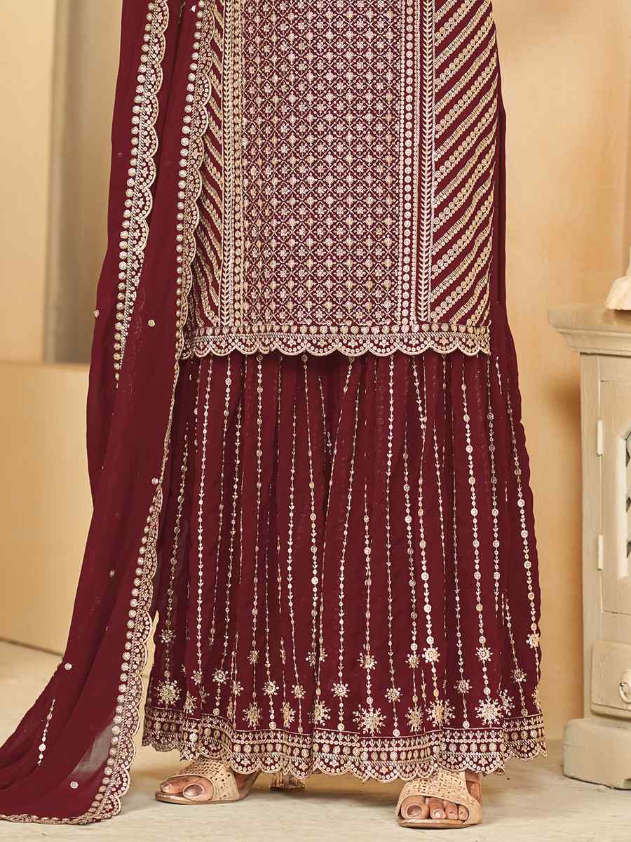 Brown Faux Georgette Embroidered Festival Wedding Palazzo Pant Salwar Kameez