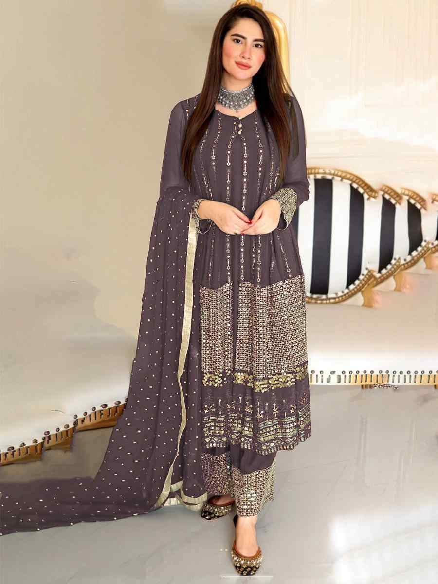 Brown Faux Georgette Embroidered Festival Wedding Palazzo Pant Salwar Kameez