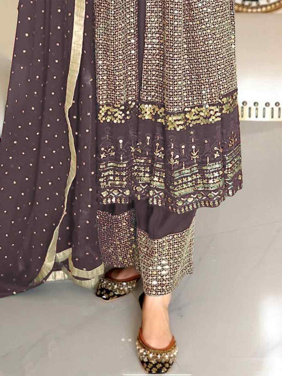 Brown Faux Georgette Embroidered Festival Wedding Palazzo Pant Salwar Kameez