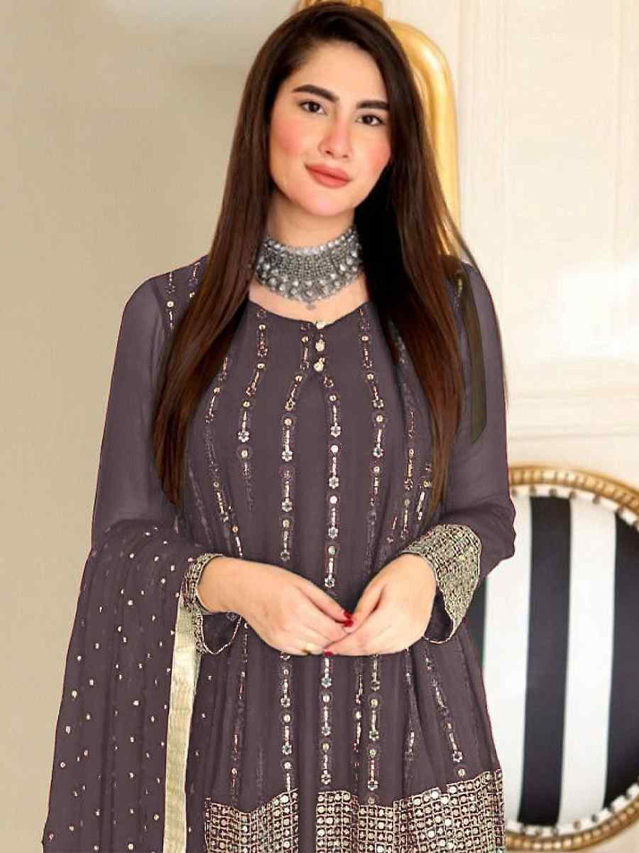 Brown Faux Georgette Embroidered Festival Wedding Palazzo Pant Salwar Kameez