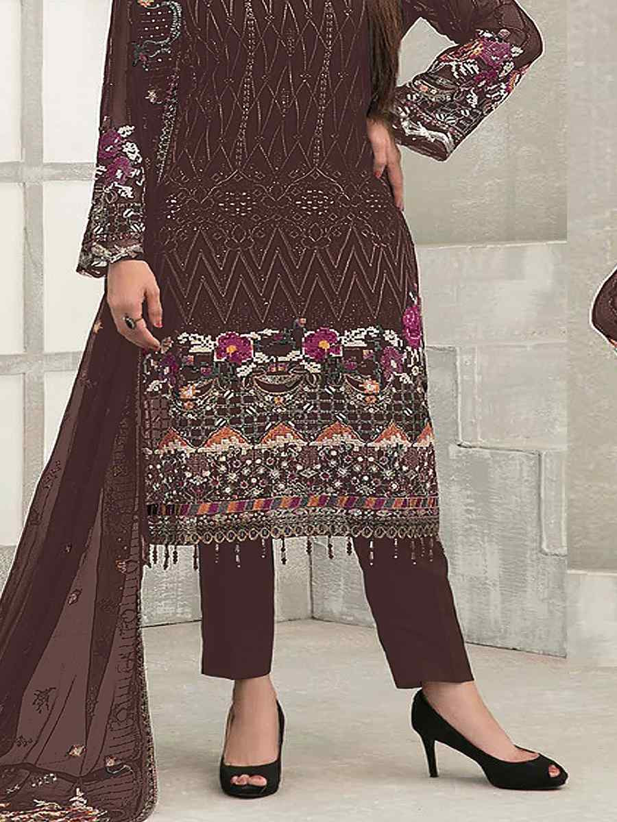Brown Faux Georgette Embroidered Festival Wedding Pant Salwar Kameez