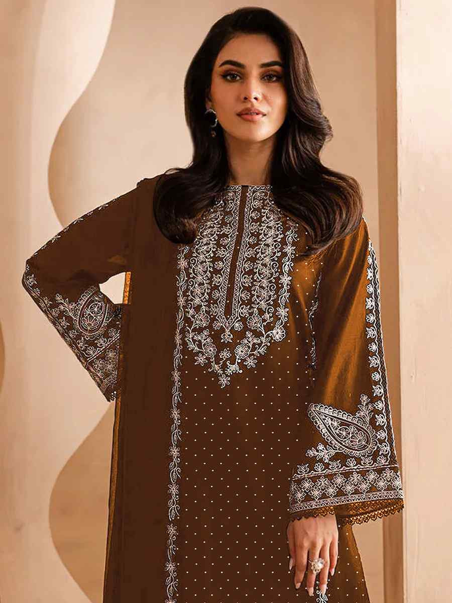 Brown Faux Georgette Embroidered Festival Wedding Pant Salwar Kameez