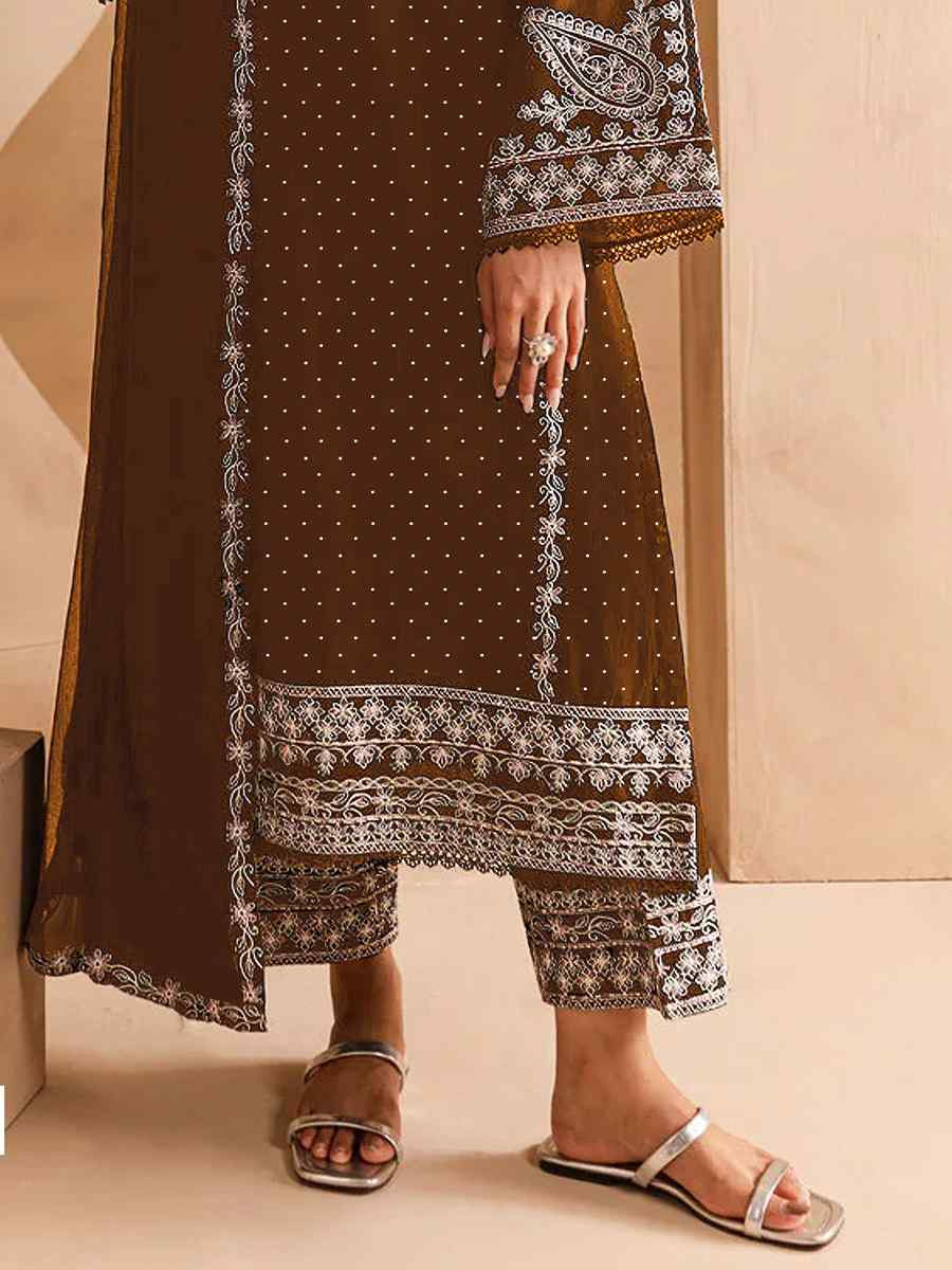 Brown Faux Georgette Embroidered Festival Wedding Pant Salwar Kameez