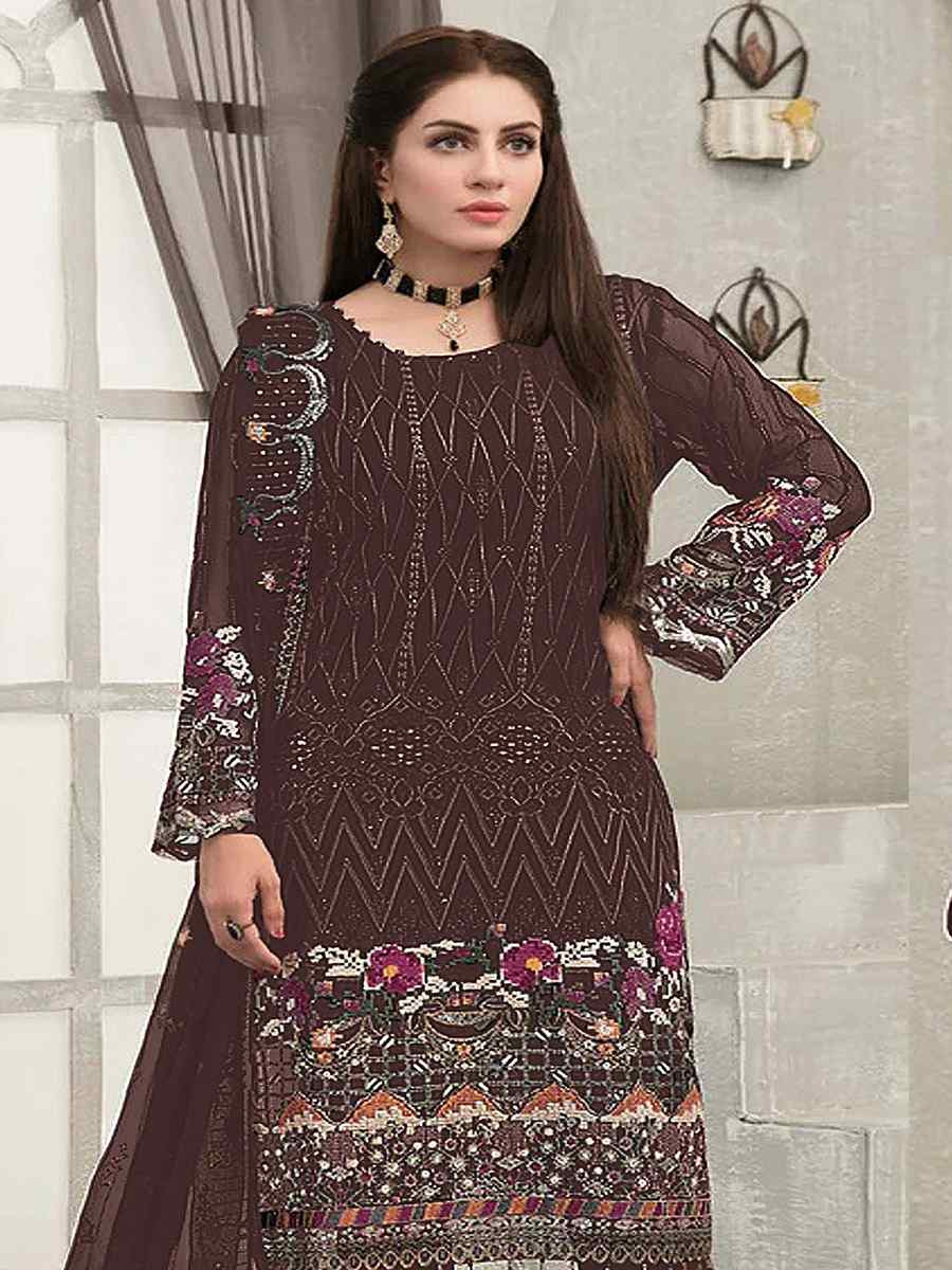Brown Faux Georgette Embroidered Festival Wedding Pant Salwar Kameez