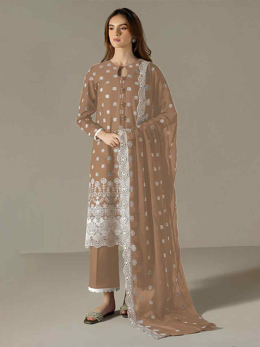 Brown Faux Georgette Embroidered Festival Wedding Pant Salwar Kameez