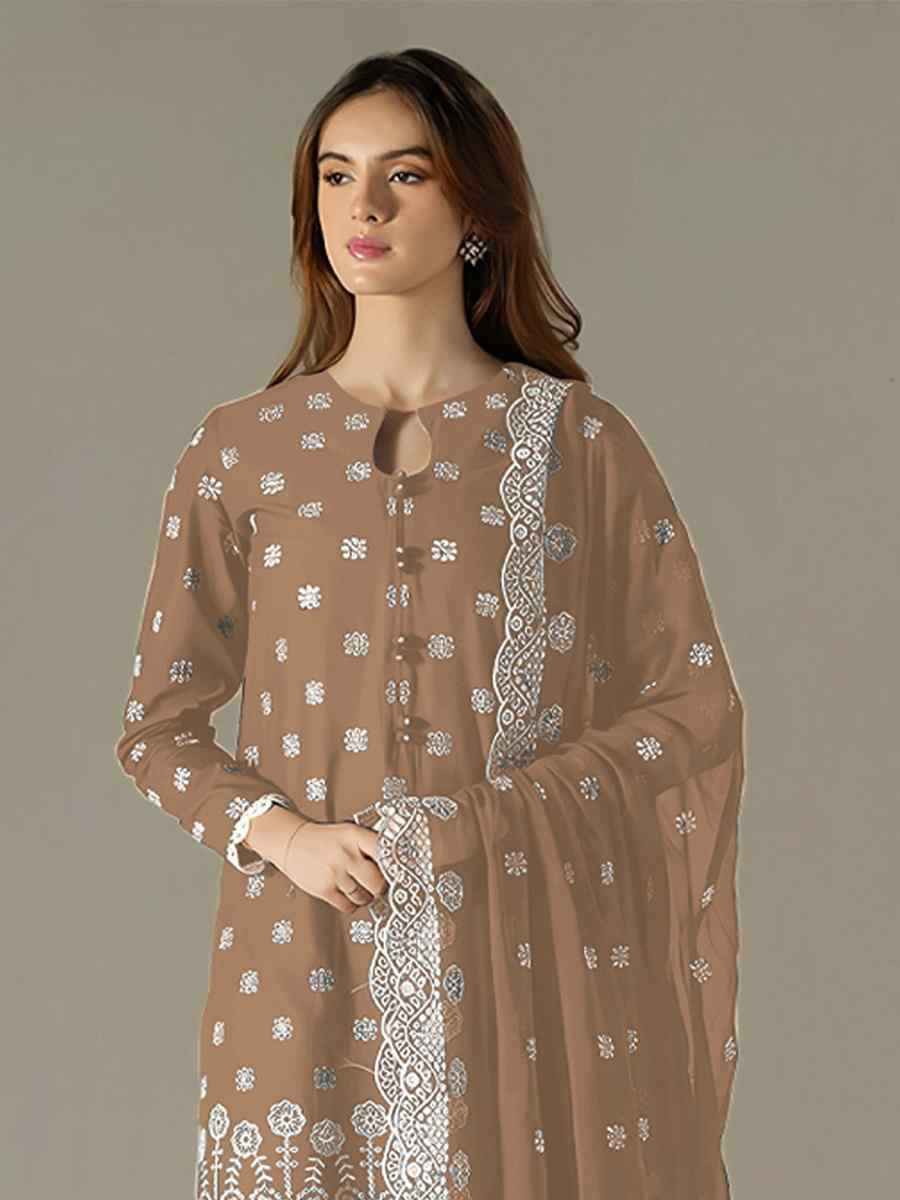 Brown Faux Georgette Embroidered Festival Wedding Pant Salwar Kameez