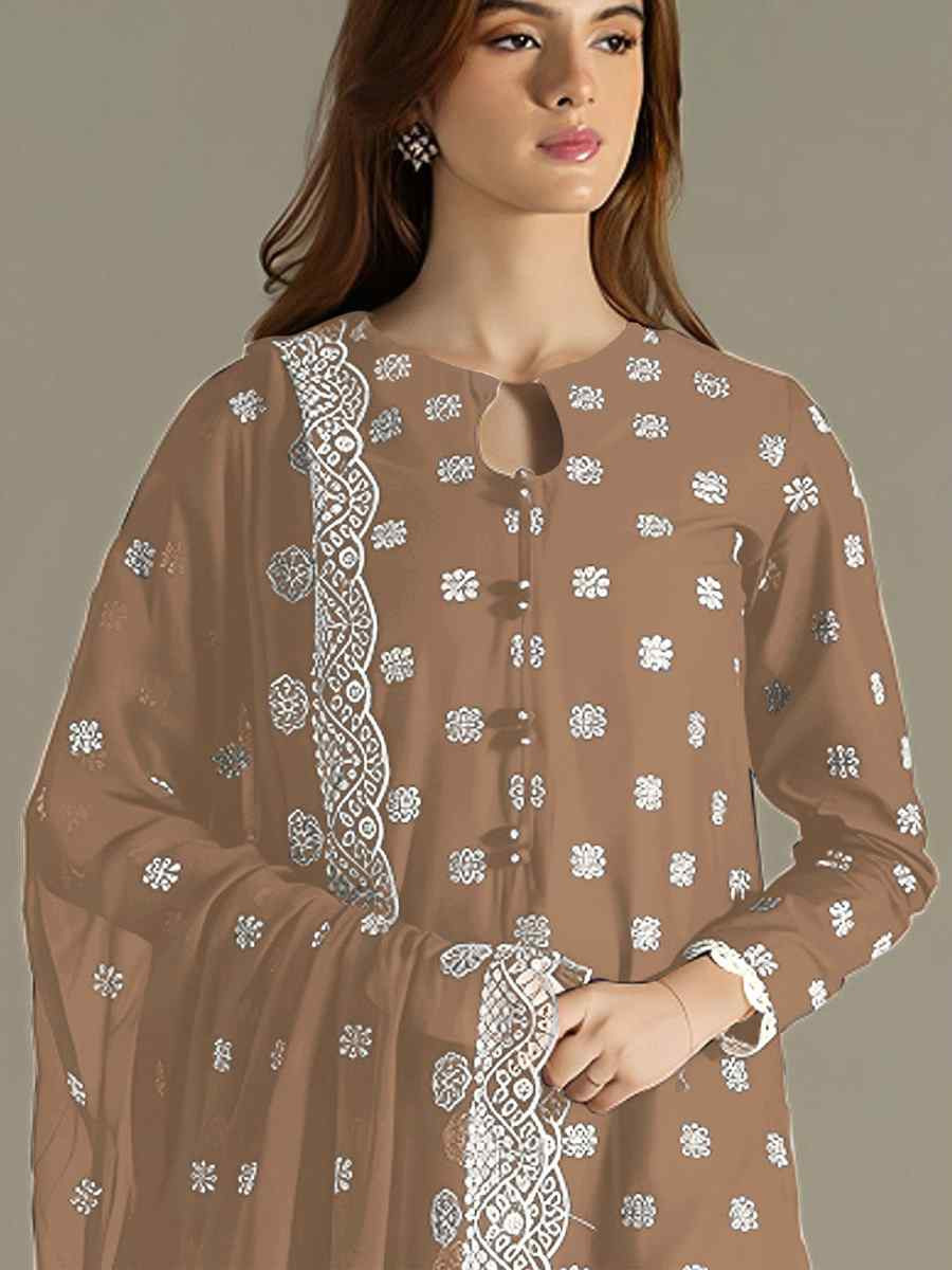 Brown Faux Georgette Embroidered Festival Wedding Pant Salwar Kameez
