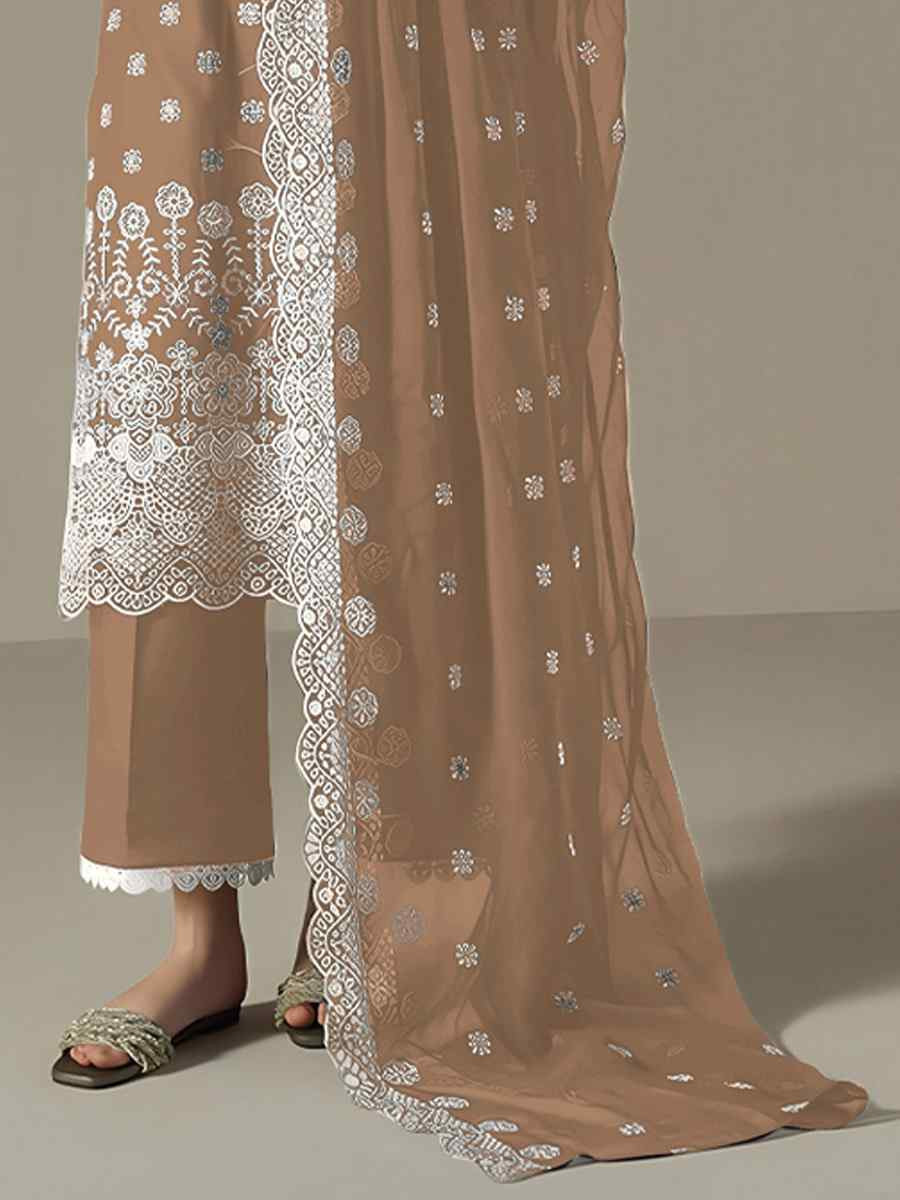 Brown Faux Georgette Embroidered Festival Wedding Pant Salwar Kameez