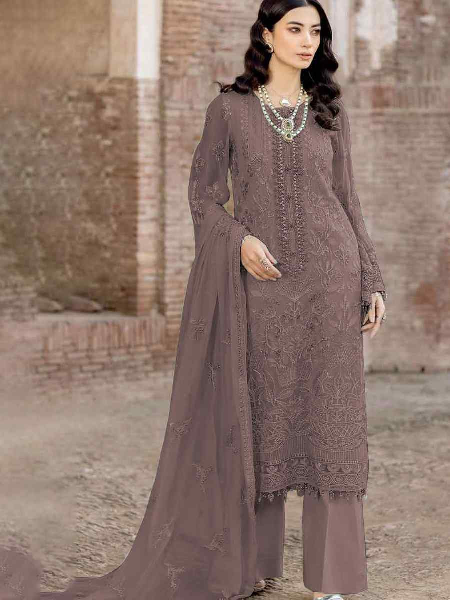 Brown Faux Georgette Embroidered Festival Wedding Pant Salwar Kameez