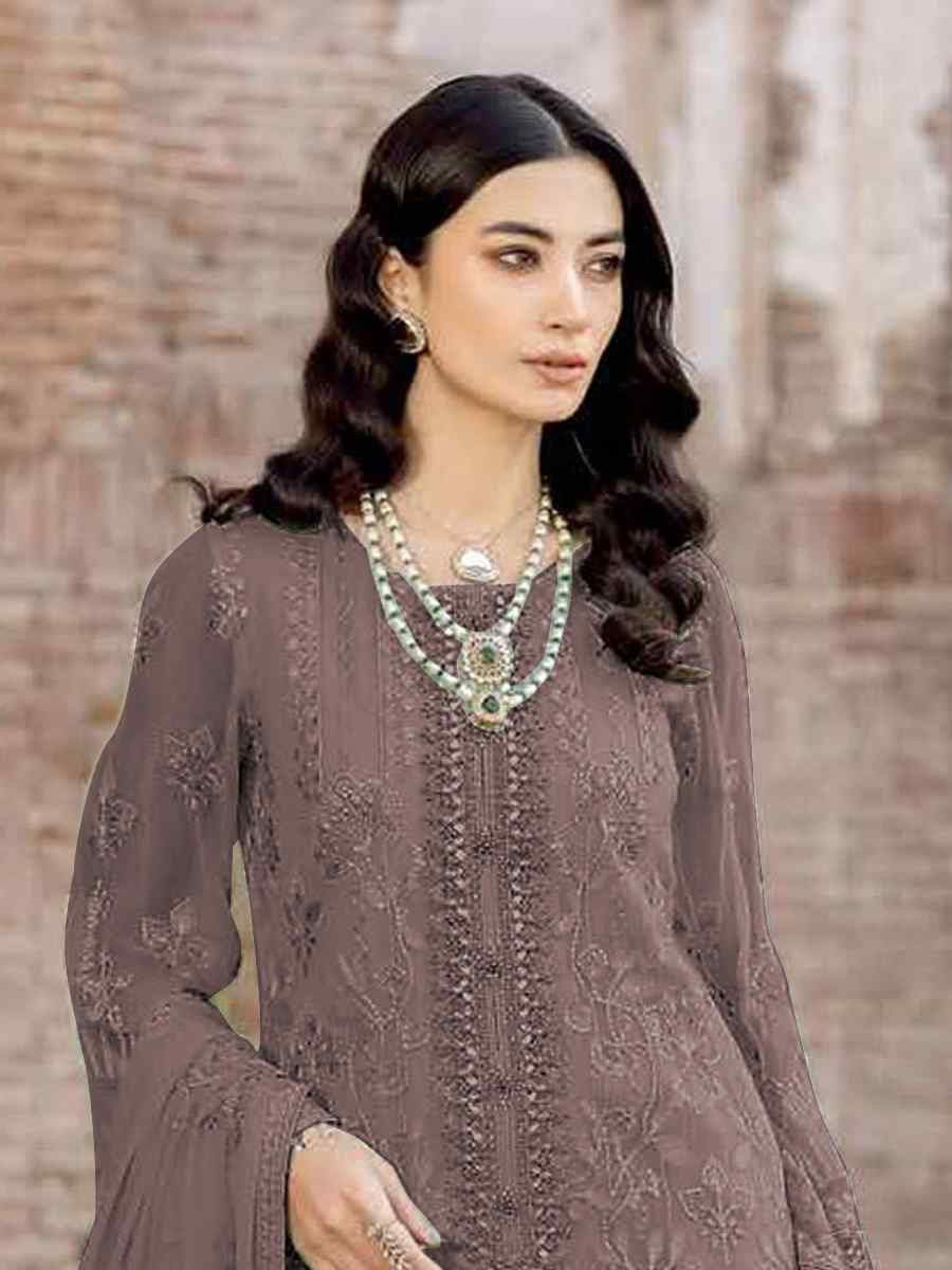 Brown Faux Georgette Embroidered Festival Wedding Pant Salwar Kameez