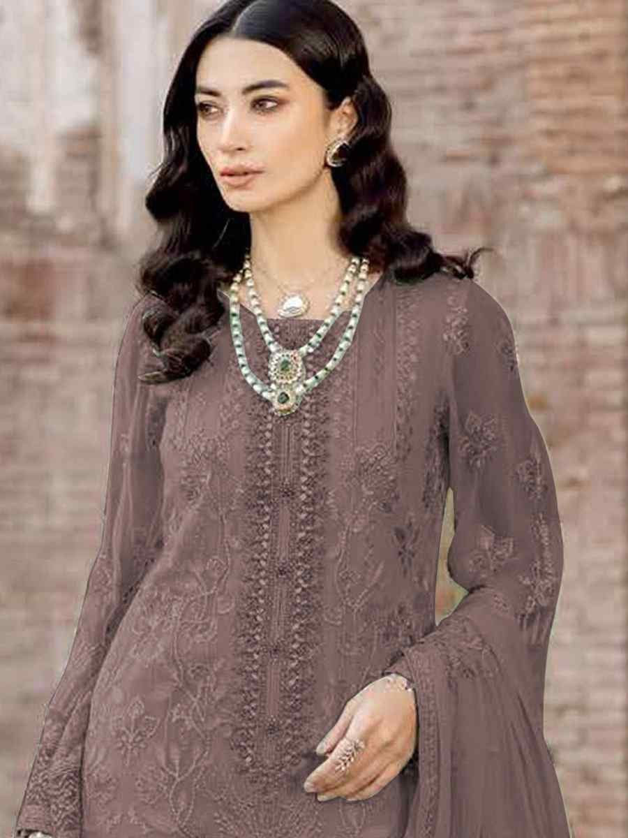 Brown Faux Georgette Embroidered Festival Wedding Pant Salwar Kameez
