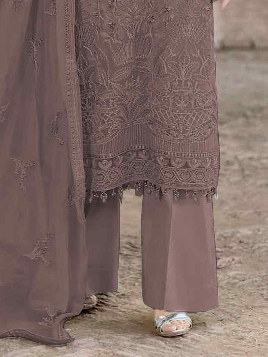 Brown Faux Georgette Embroidered Festival Wedding Pant Salwar Kameez