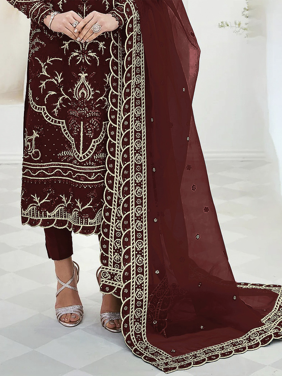 Brown Faux Georgette Embroidered Festival Wedding Pant Salwar Kameez