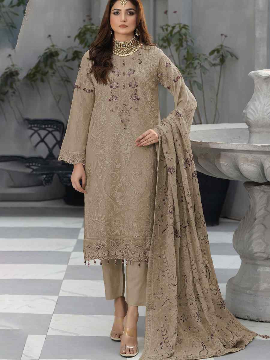 Brown Faux Georgette Embroidered Festival Wedding Pant Salwar Kameez