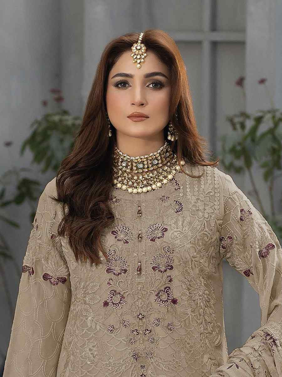 Brown Faux Georgette Embroidered Festival Wedding Pant Salwar Kameez