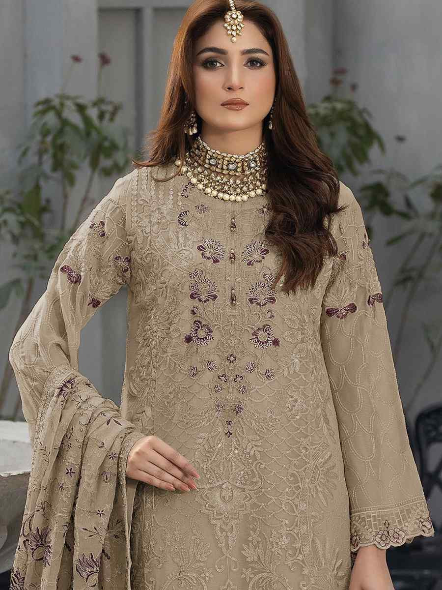 Brown Faux Georgette Embroidered Festival Wedding Pant Salwar Kameez