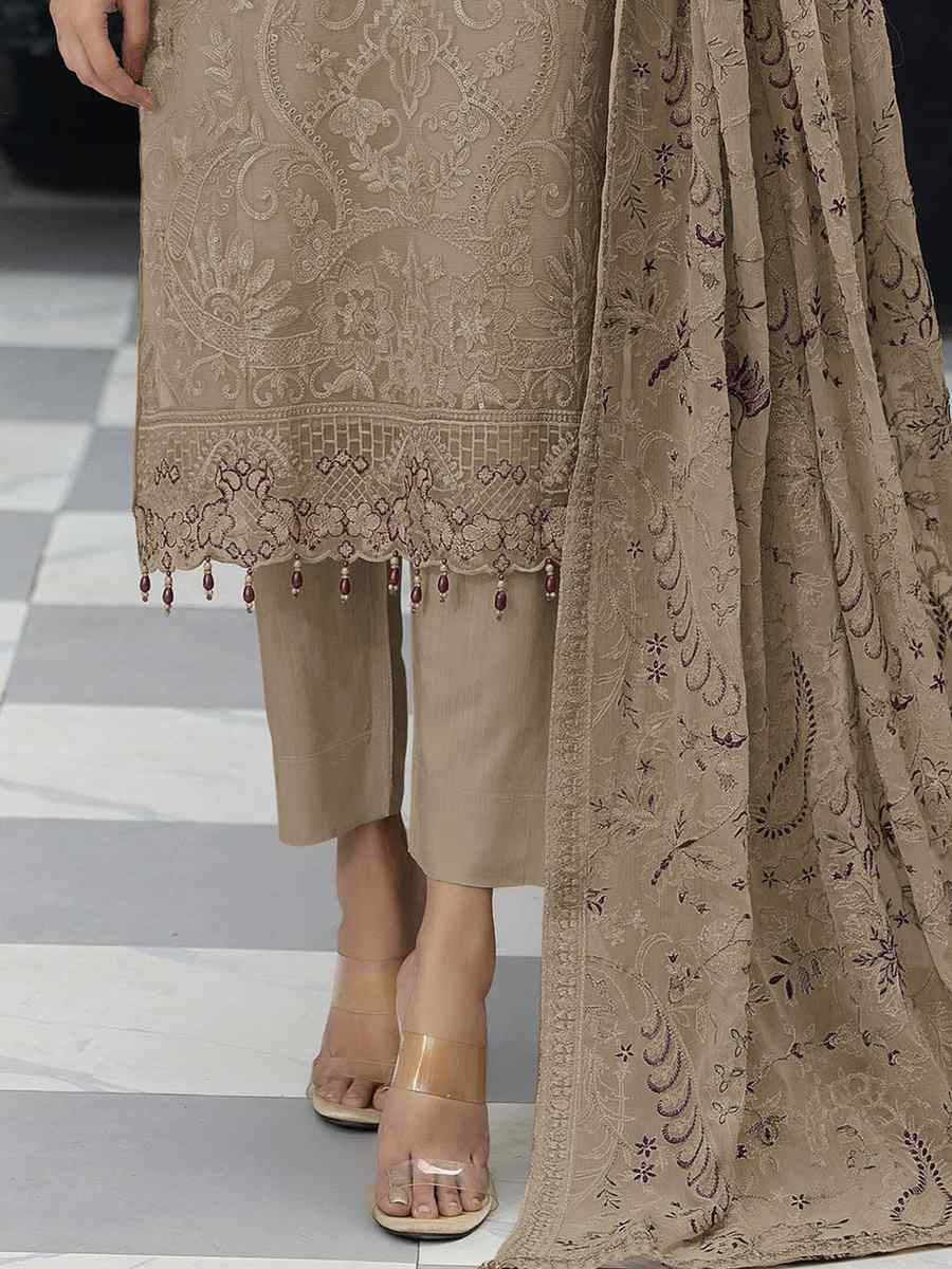 Brown Faux Georgette Embroidered Festival Wedding Pant Salwar Kameez