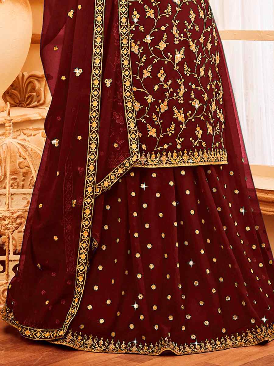 Brown Faux Georgette Embroidered Festival Wedding Sharara Pant Salwar Kameez