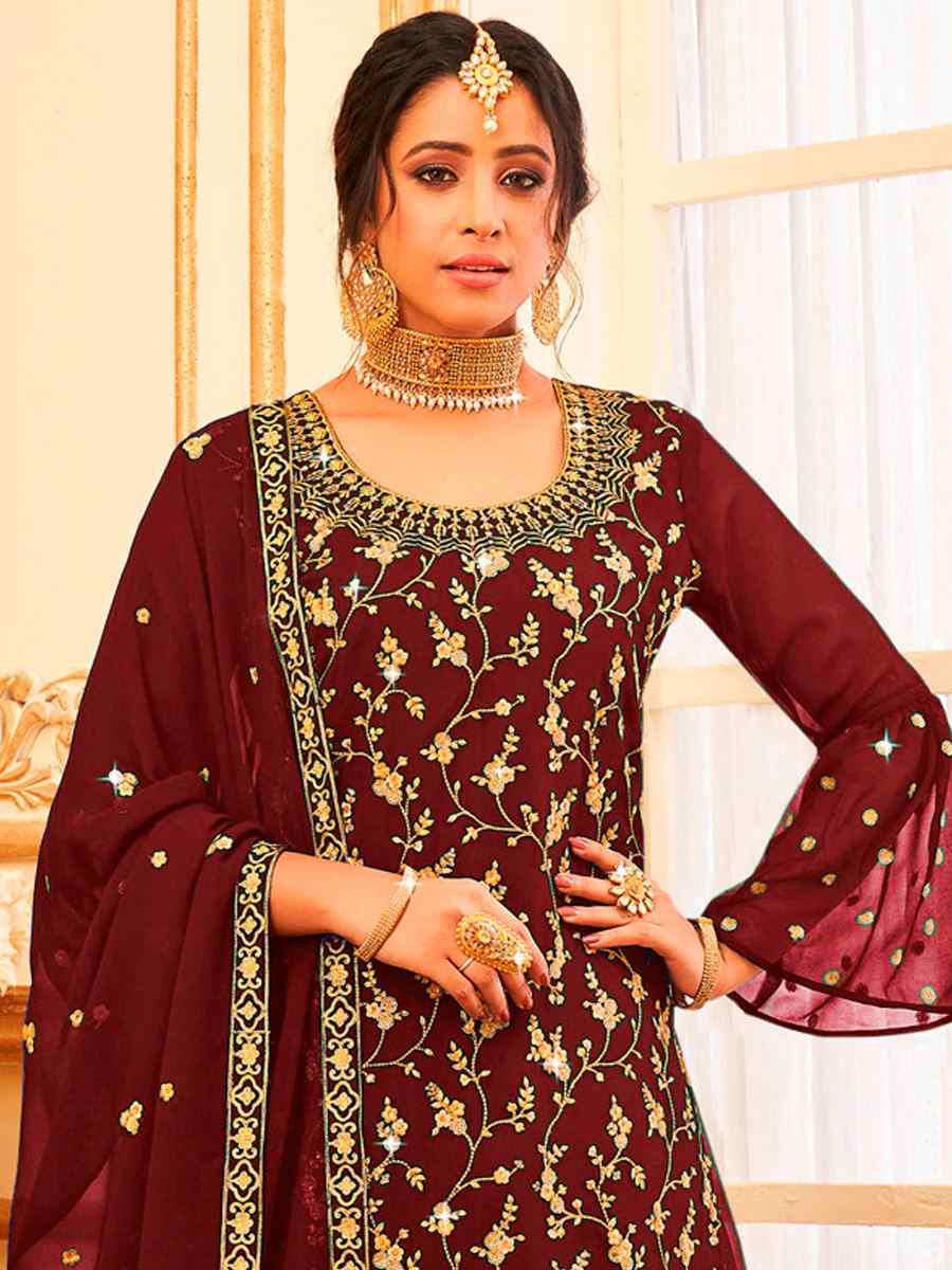 Brown Faux Georgette Embroidered Festival Wedding Sharara Pant Salwar Kameez