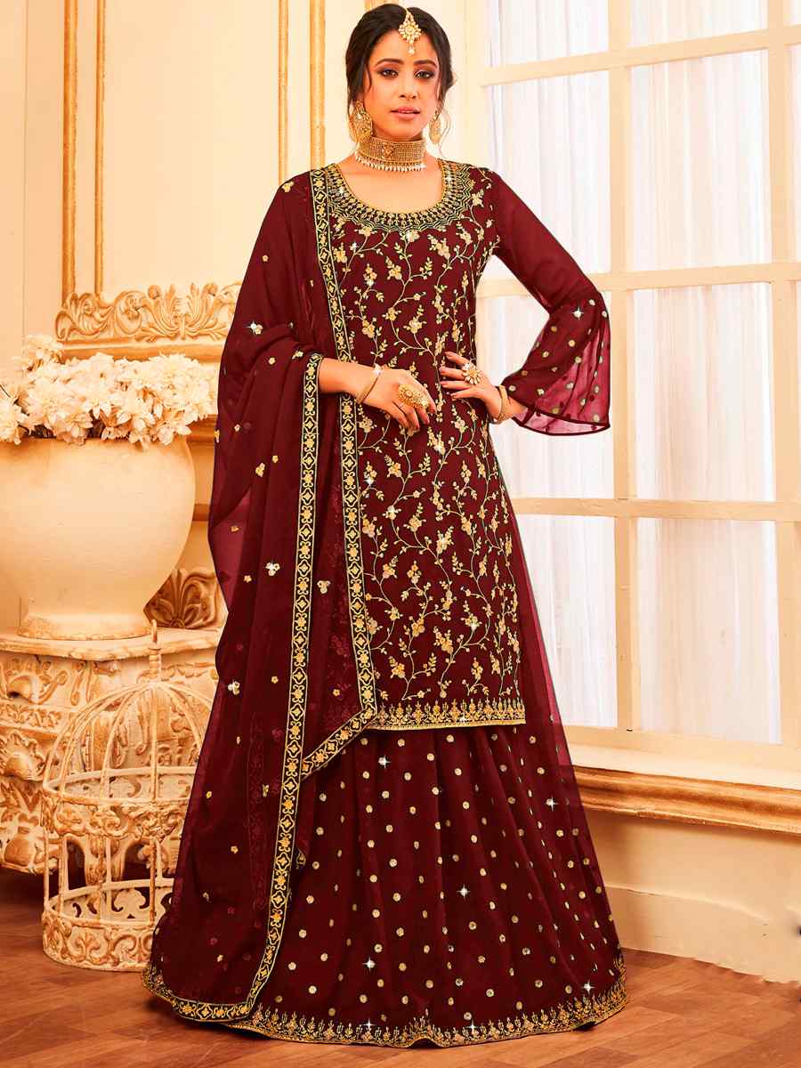 Brown Faux Georgette Embroidered Festival Wedding Sharara Pant Salwar Kameez