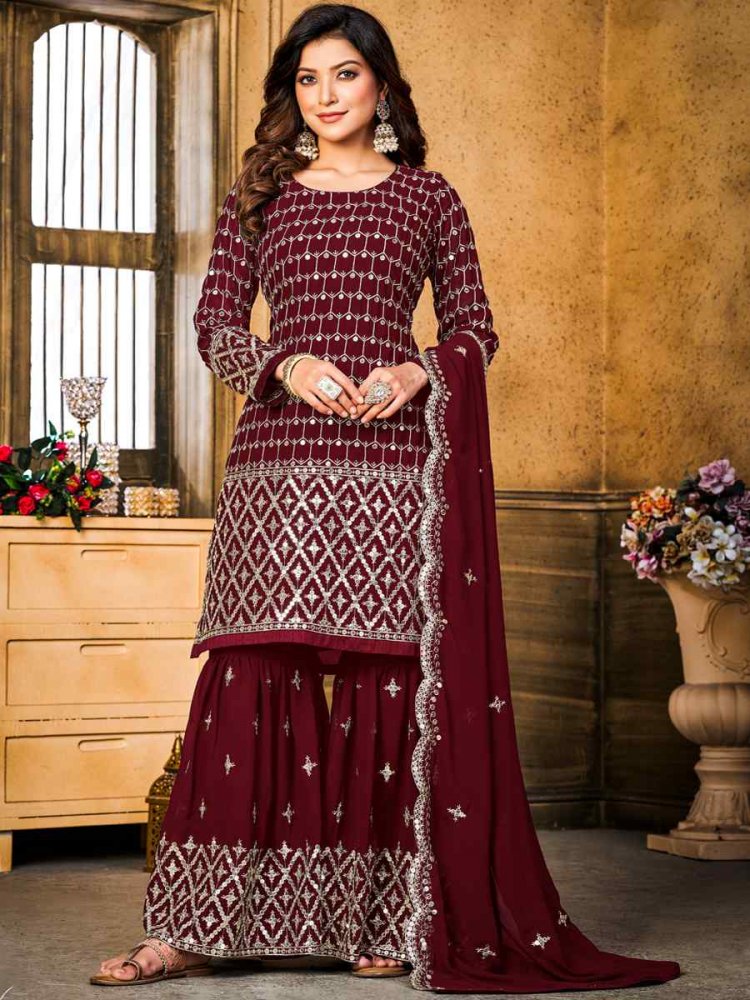 Brown Faux Georgette Embroidered Festival Wedding Sharara Pant Salwar Kameez