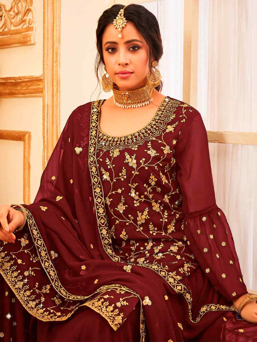Brown Faux Georgette Embroidered Festival Wedding Sharara Pant Salwar Kameez