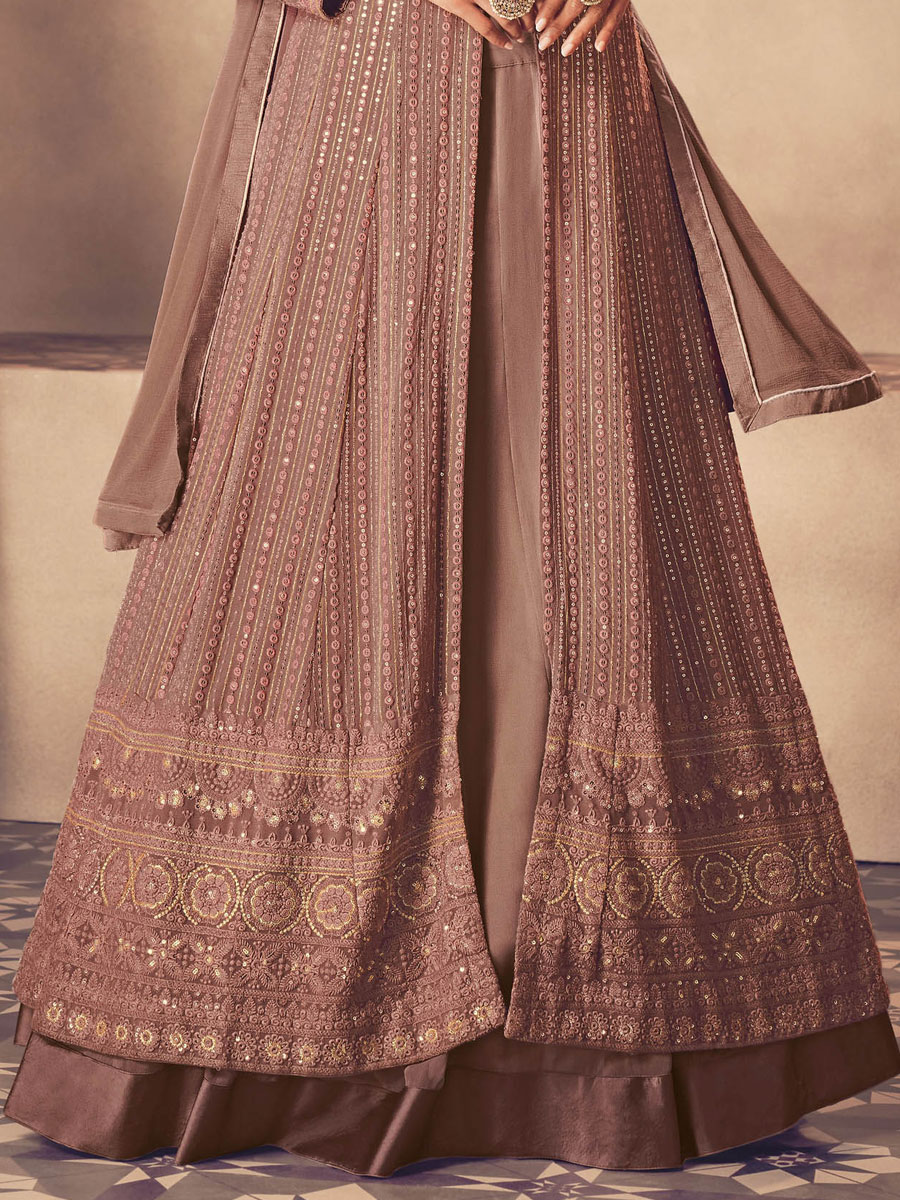 Brown Faux Georgette Embroidered Party Lawn Kameez with Palazzo Pant