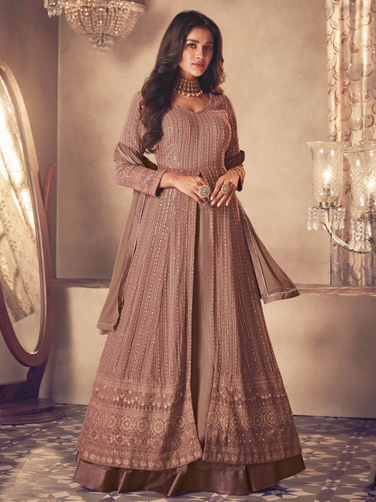 Brown Faux Georgette Embroidered Party Lawn Kameez with Palazzo Pant