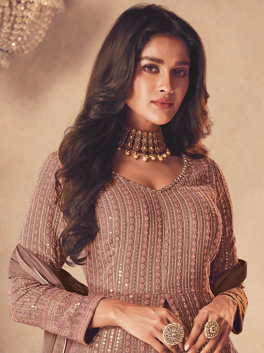 Brown Faux Georgette Embroidered Party Lawn Kameez with Palazzo Pant