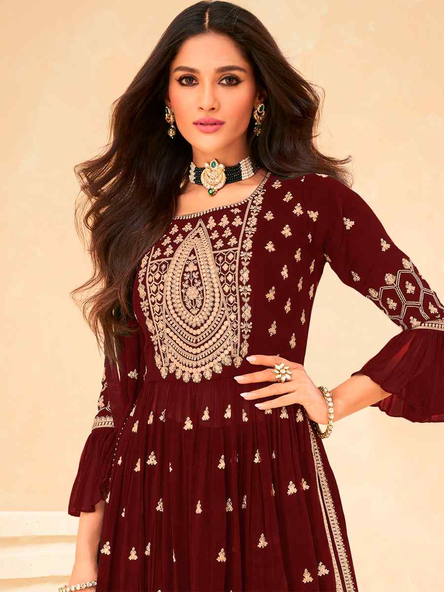 Brown Faux Georgette Embroidered Wedding Festival Lawn Palazzo Pant Salwar Kameez