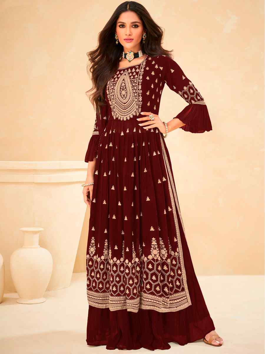 Brown Faux Georgette Embroidered Wedding Festival Lawn Palazzo Pant Salwar Kameez