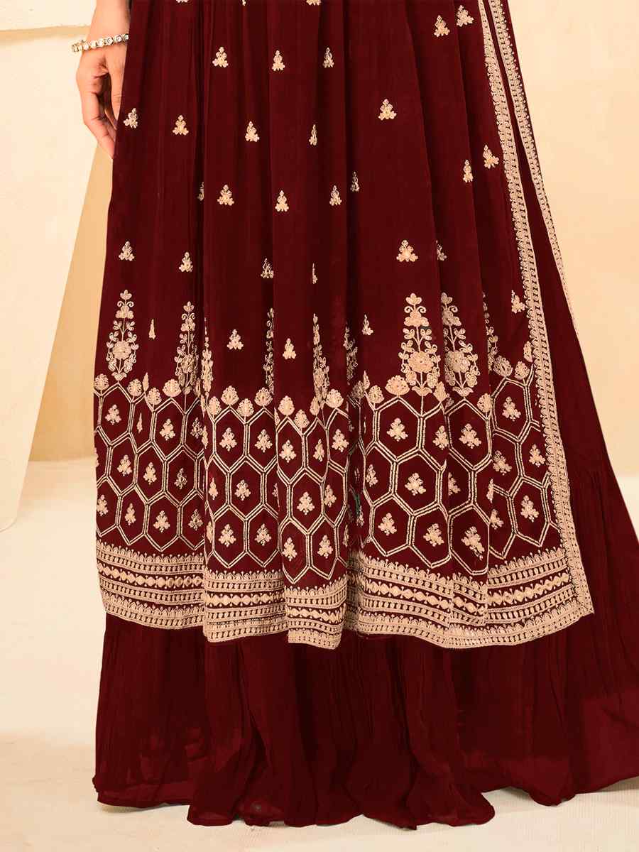Brown Faux Georgette Embroidered Wedding Festival Lawn Palazzo Pant Salwar Kameez