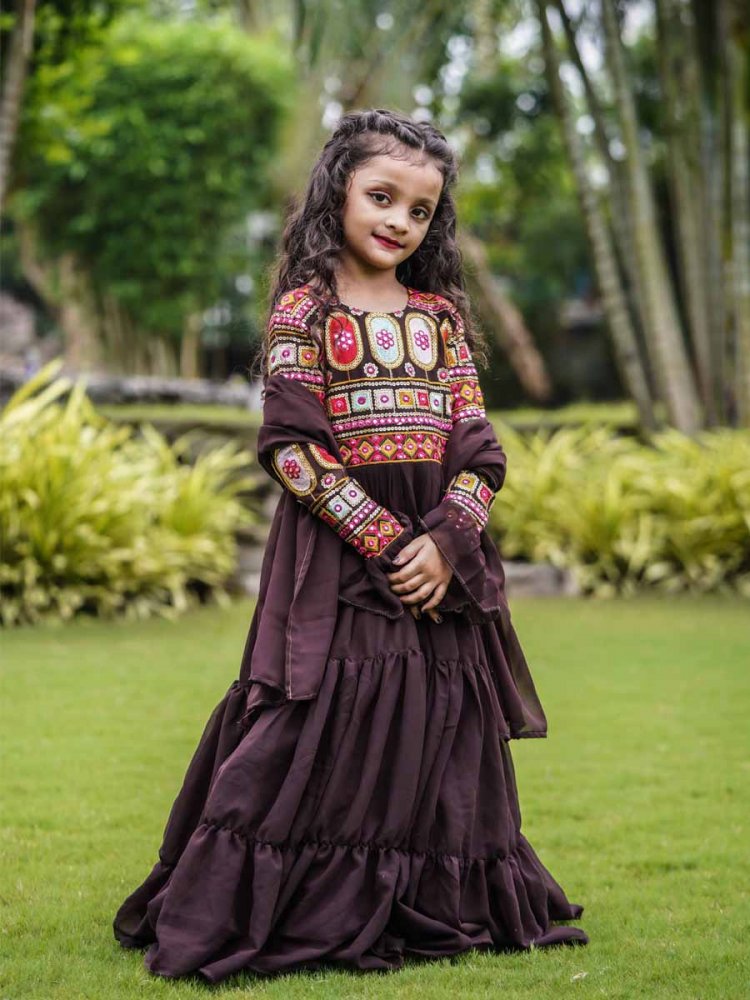 Brown Faux Georgette Embroidered Wedding Party Salwars Girls Wear