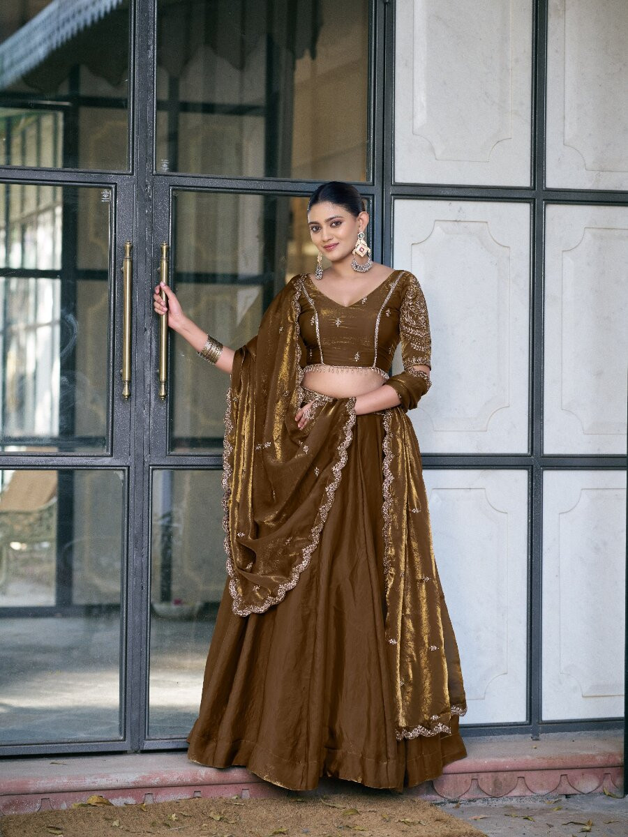 Brown Fendi Silk Thread Embroidery Sequins Wedding Reception Party Festival Circular Lehenga Choli