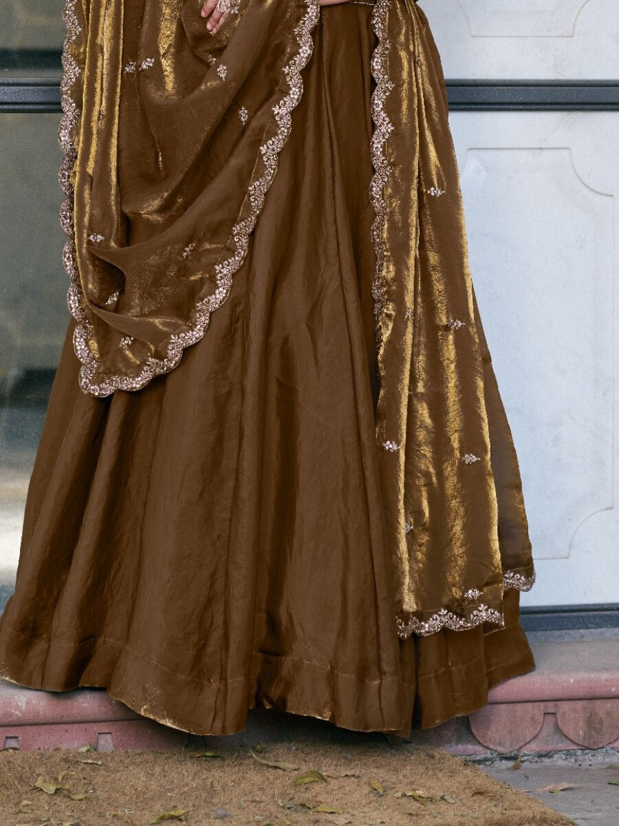 Brown Fendi Silk Thread Embroidery Sequins Wedding Reception Party Festival Circular Lehenga Choli