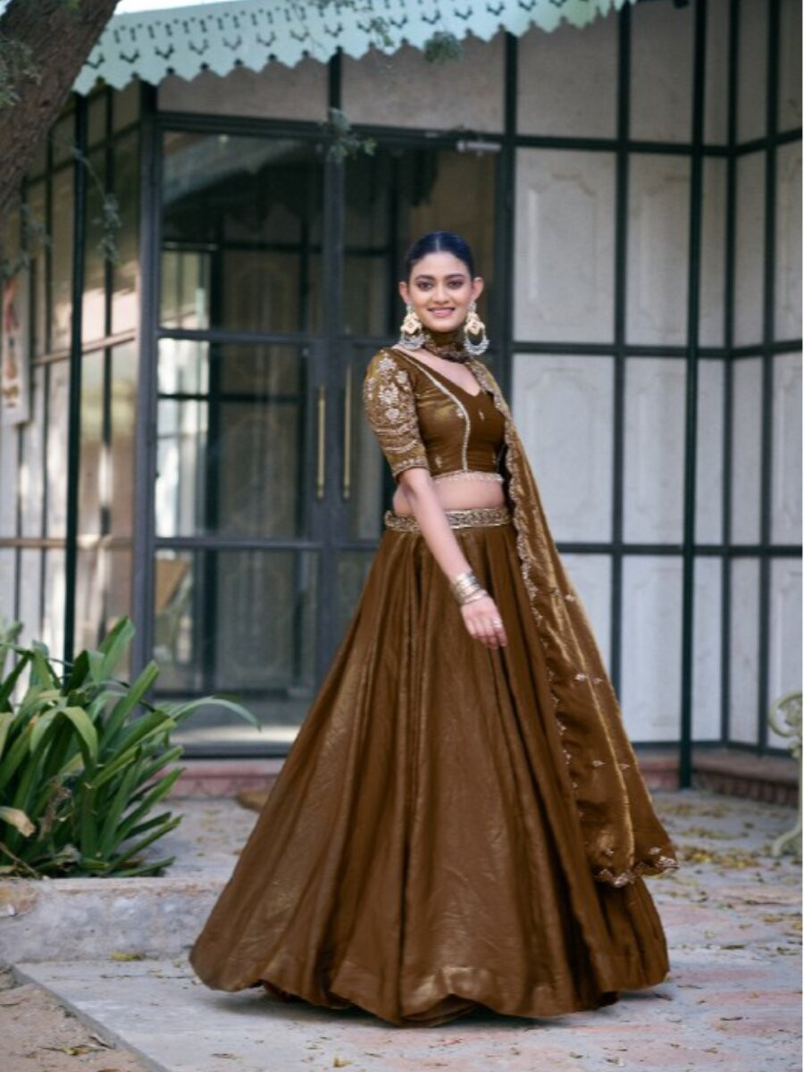 Brown Fendi Silk Thread Embroidery Sequins Wedding Reception Party Festival Circular Lehenga Choli