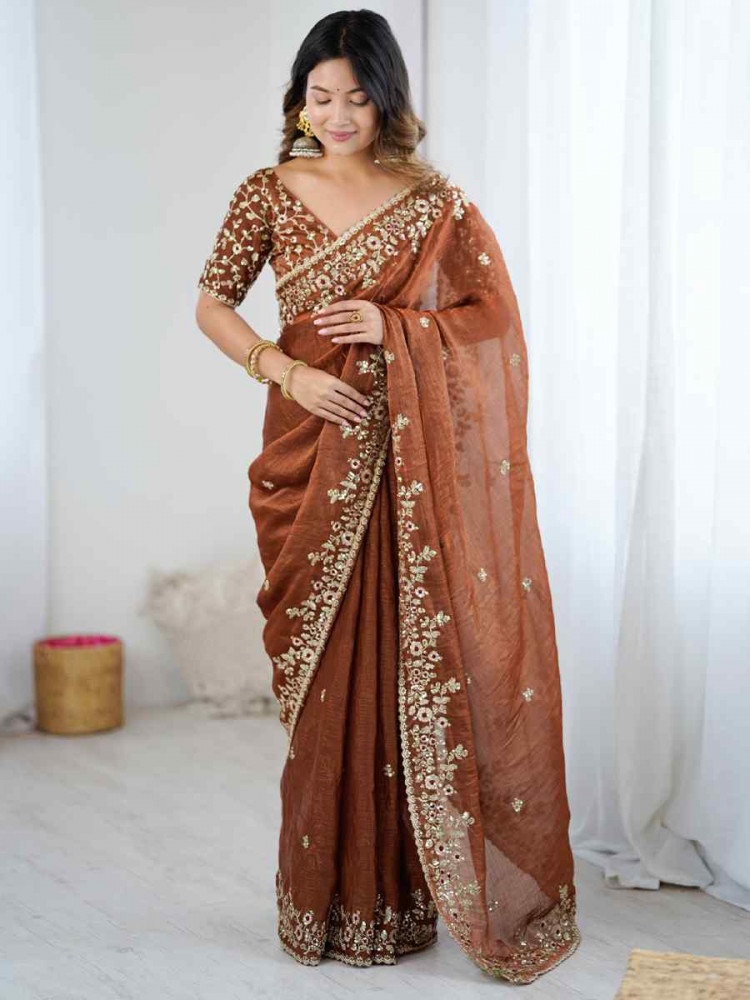 Image of Brown Fendy Chiffon Embroidery Casual Reception Festival Wedding Fancy Heavy Border Sarees