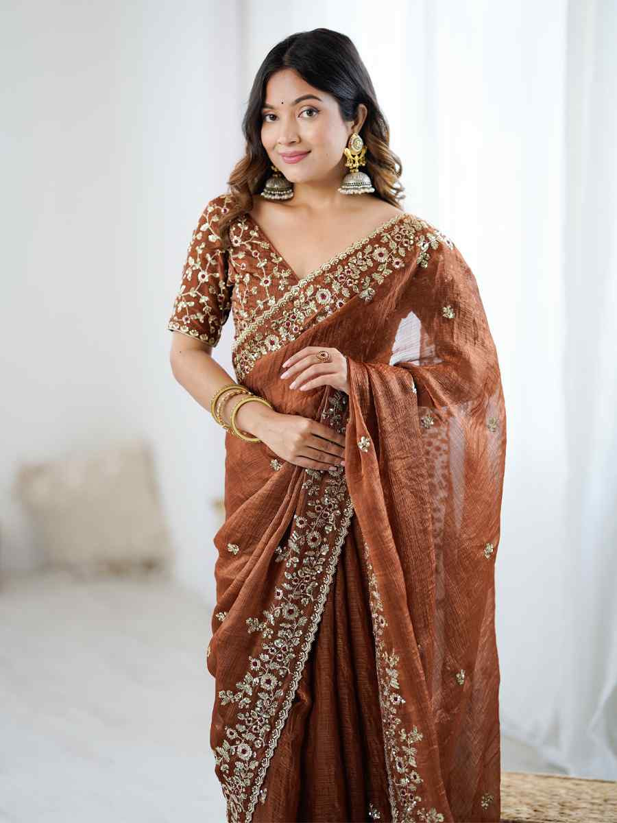 Brown Fendy Chiffon Embroidery Casual Reception Festival Wedding Fancy Heavy Border Sarees