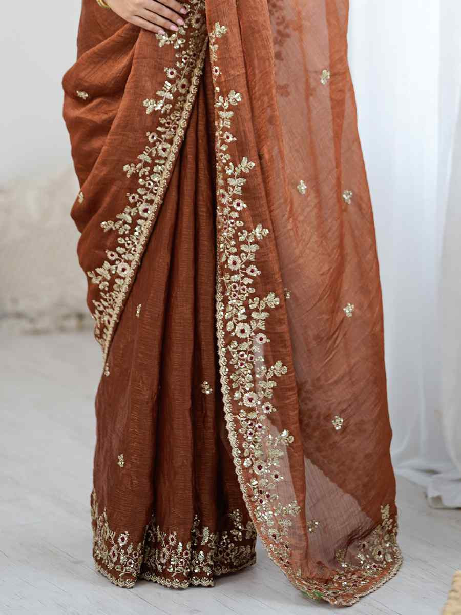 Brown Fendy Chiffon Embroidery Casual Reception Festival Wedding Fancy Heavy Border Sarees