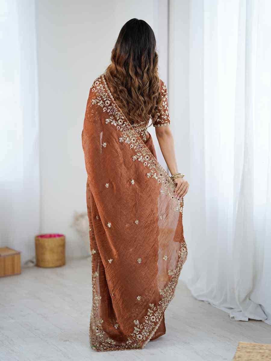 Brown Fendy Chiffon Embroidery Casual Reception Festival Wedding Fancy Heavy Border Sarees