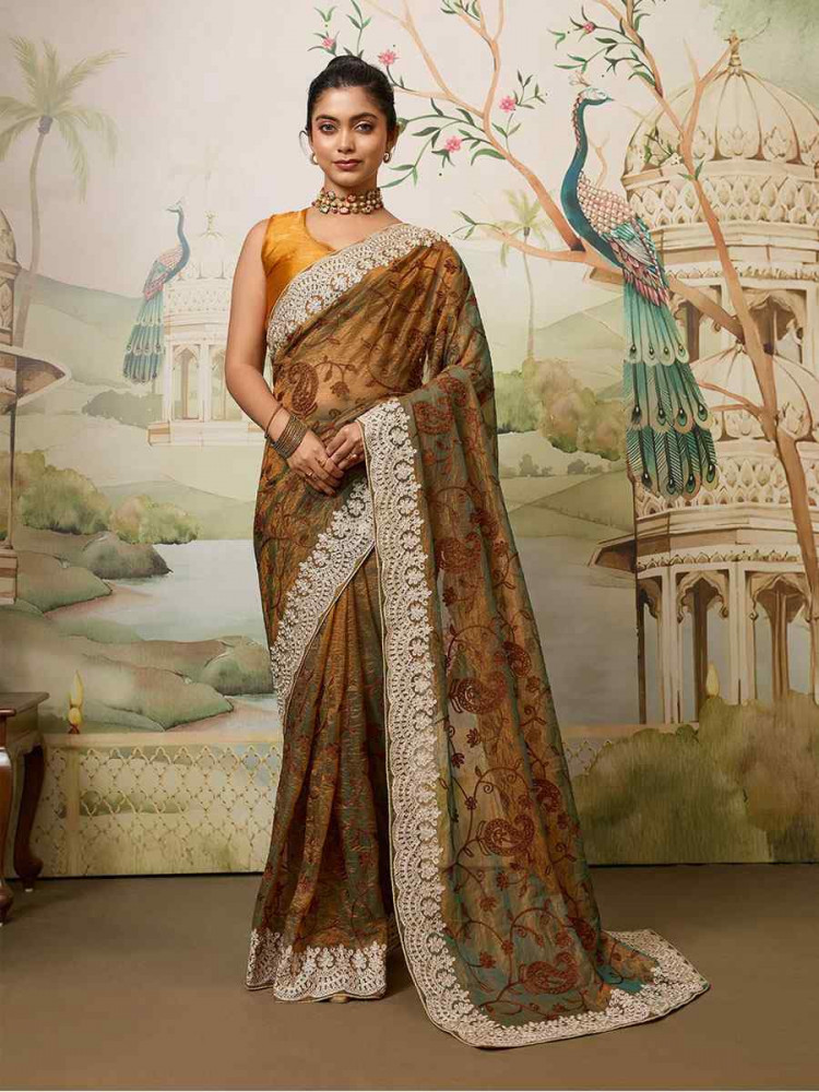 Image of Brown Fendy Soft Net Embroidery Traditional Casual Reception Festival Wedding Fancy Heavy Border Saree