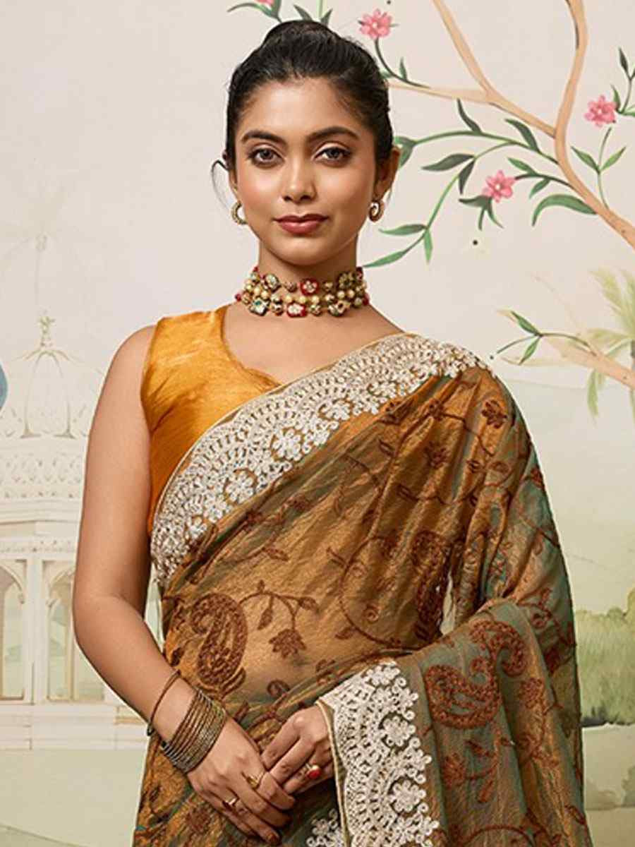 Brown Fendy Soft Net Embroidery Traditional Casual Reception Festival Wedding Fancy Heavy Border Saree