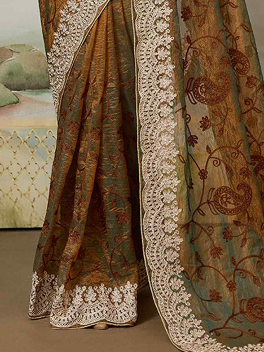 Brown Fendy Soft Net Embroidery Traditional Casual Reception Festival Wedding Fancy Heavy Border Saree