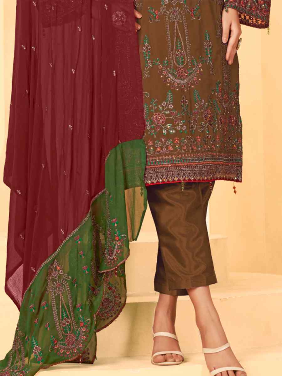 Brown Georgette Embroidered Festival Casual Pant Salwar Kameez
