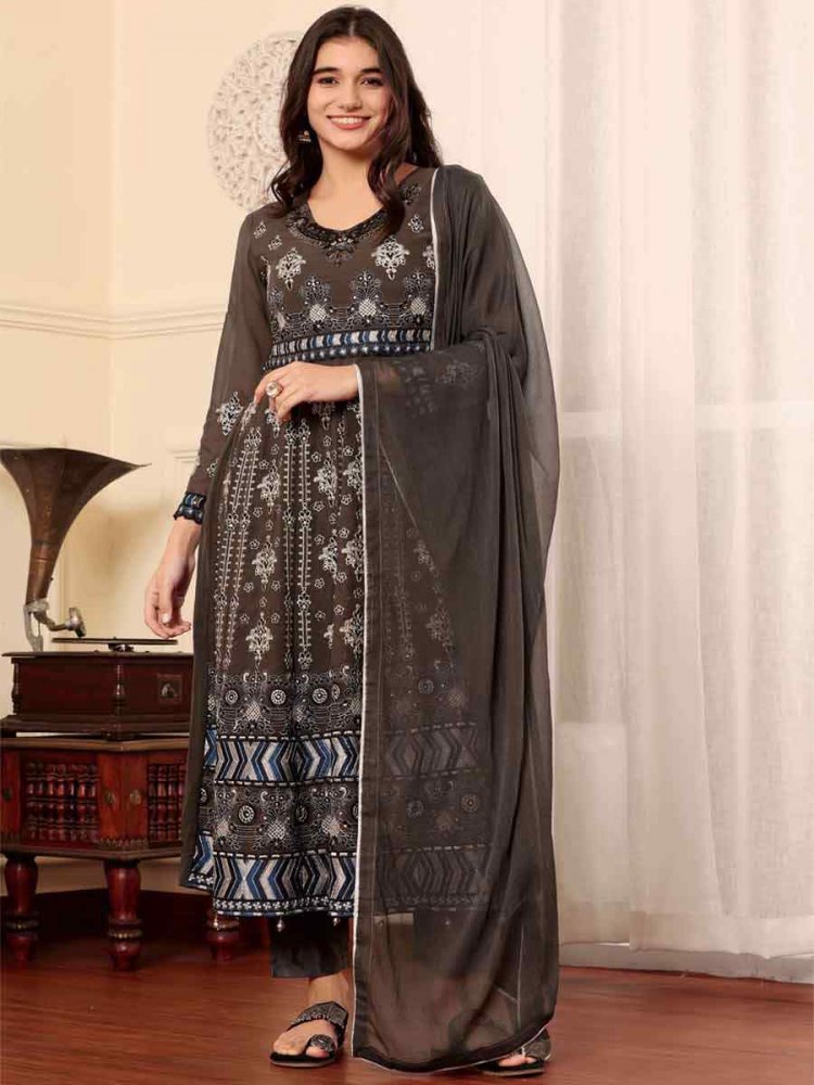 Brown Georgette Embroidered Festival Casual Pant Salwar Kameez