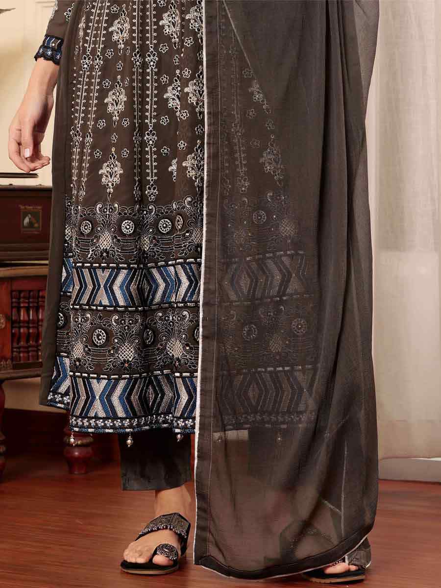 Brown Georgette Embroidered Festival Casual Pant Salwar Kameez