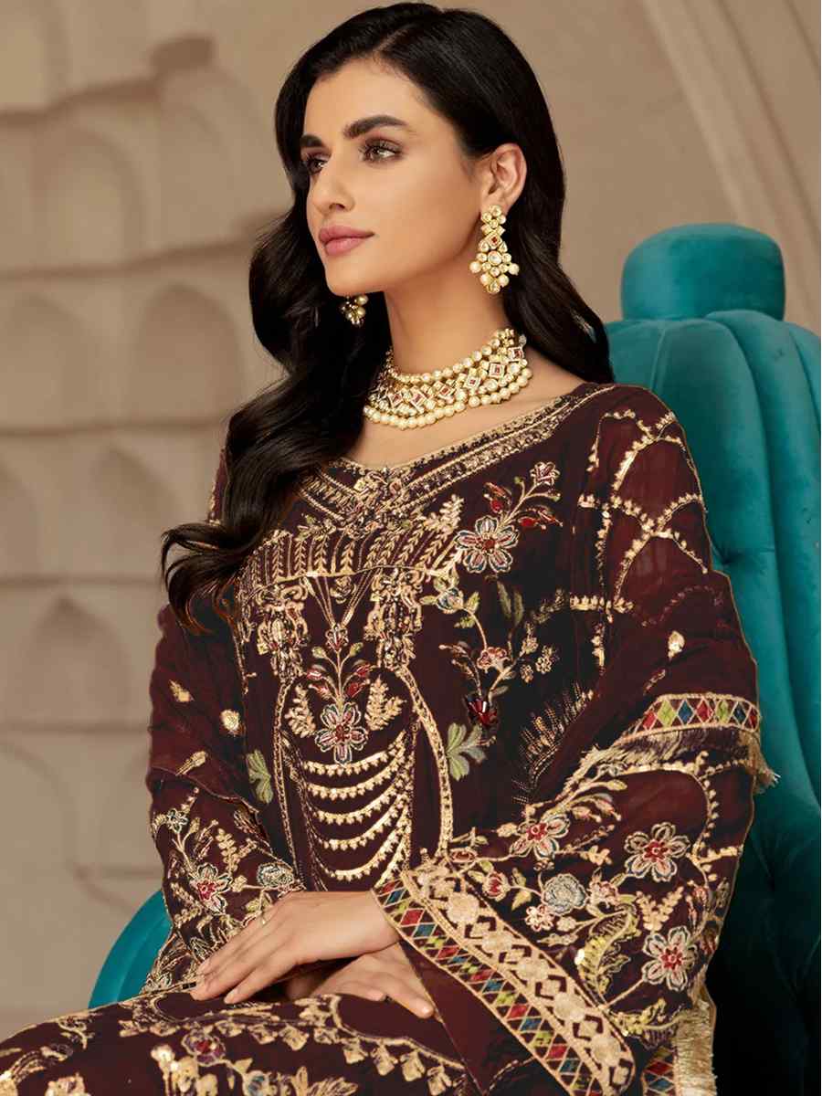 Brown Georgette Embroidered Festival Party Pant Salwar Kameez