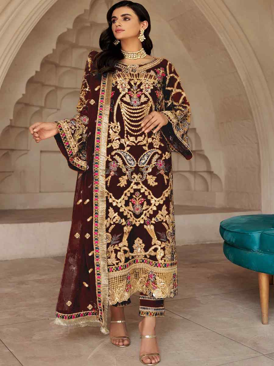Brown Georgette Embroidered Festival Party Pant Salwar Kameez
